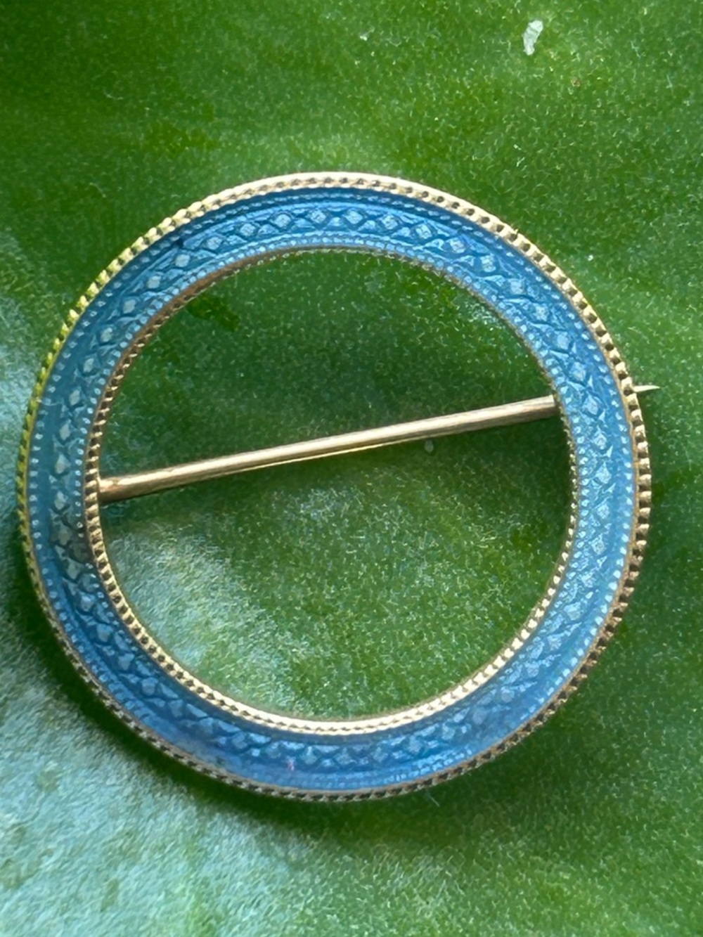 Antique Art Deco 14K yellow gold Gold Guilloche Enamel Circle Brooch pin